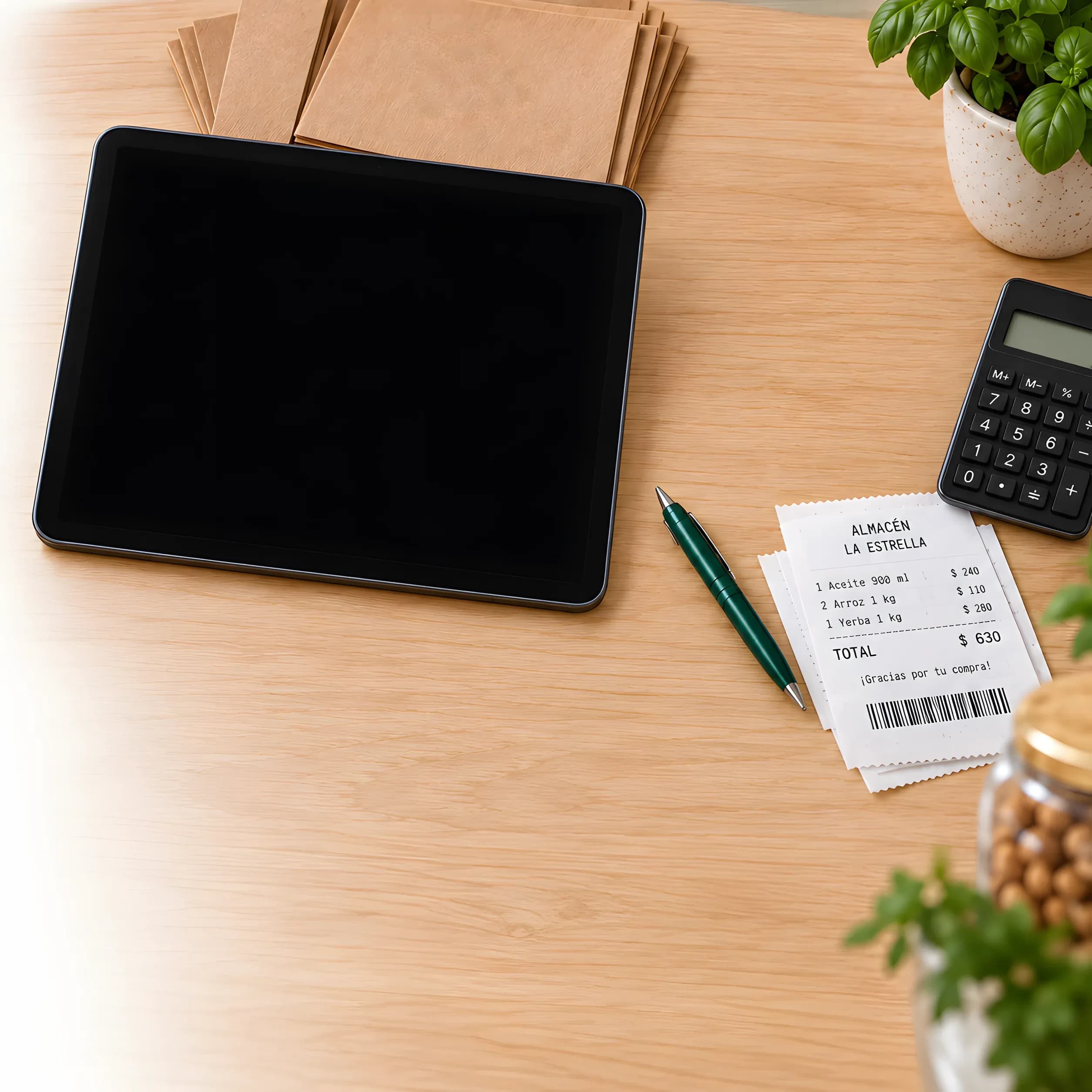 El escritorio de los planes: sobres de papel kraft, una tableta con las Ventas de Bigu, tickets, una calculadora y una planta.