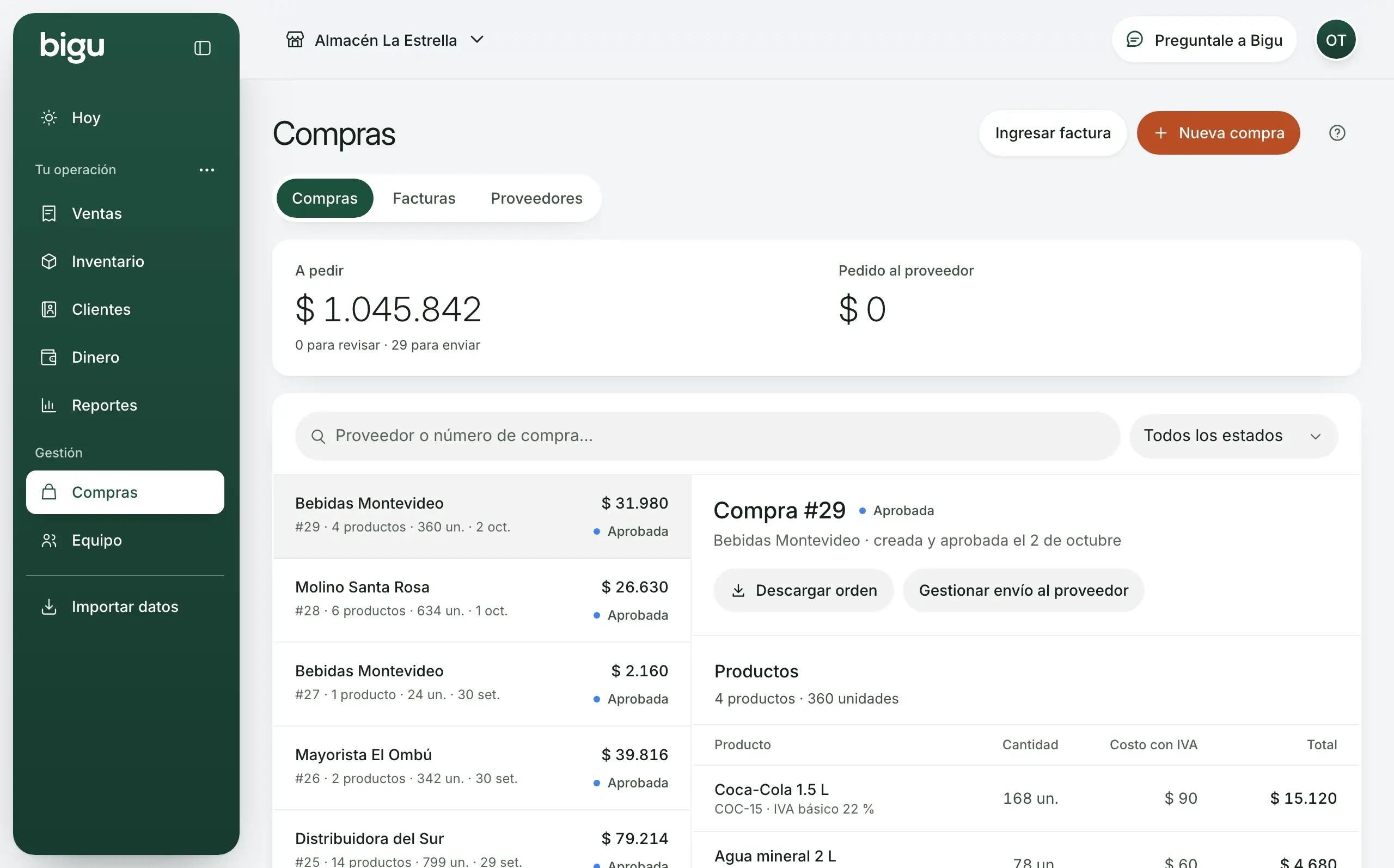 Inventario y compras en Bigu: stock para reponer y pedidos a proveedores. Datos de demostración.